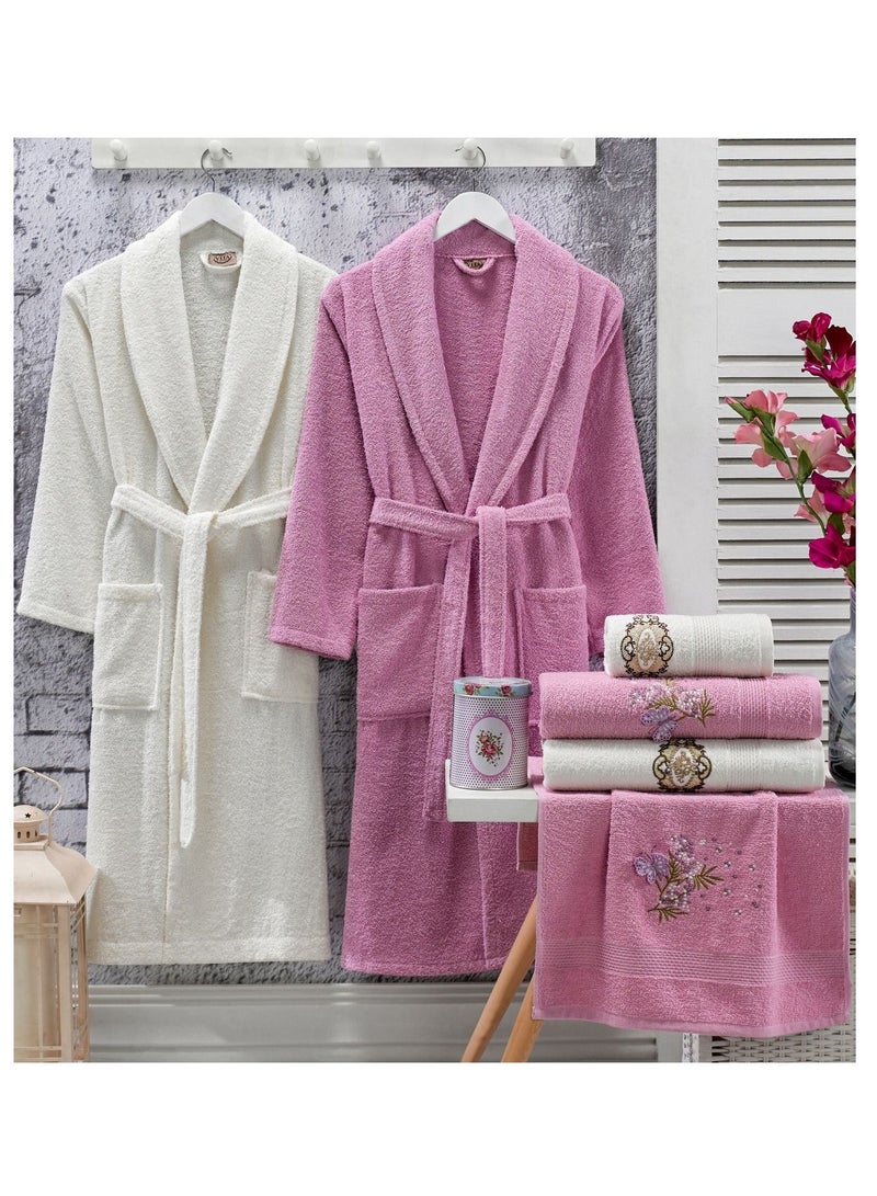 My VITA 6-Piece Turkish Terry Cotton Couple Bathrobe Set with Matching Bath Towels and Hand Towels with Gift Box Pink/Off White  - Image 1