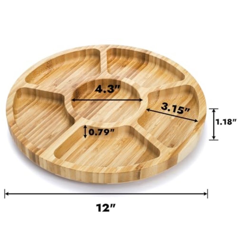 Divided Serving Dish Tray, 13'' Bamboo Rotatable Veggie Fruit Platter, Lazy Susan Relish Sectional Snack Container Bowls with 6 Compartments for Candy, Appetizer, Nuts, Parties - Image 2