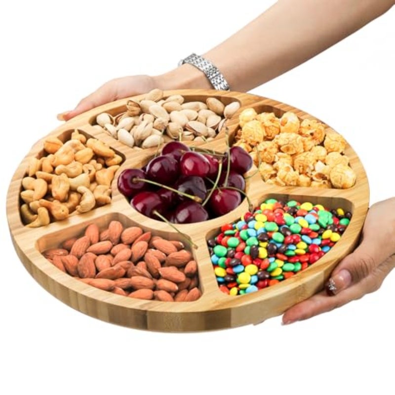 Divided Serving Dish Tray, 13'' Bamboo Rotatable Veggie Fruit Platter, Lazy Susan Relish Sectional Snack Container Bowls with 6 Compartments for Candy, Appetizer, Nuts, Parties - Image 4