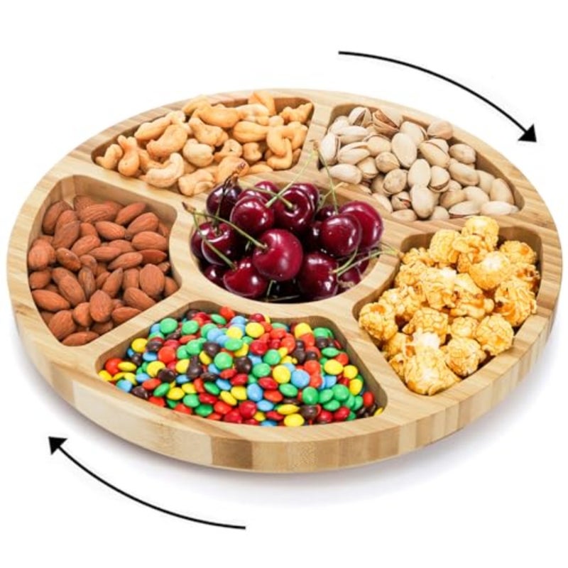 Divided Serving Dish Tray, 13'' Bamboo Rotatable Veggie Fruit Platter, Lazy Susan Relish Sectional Snack Container Bowls with 6 Compartments for Candy, Appetizer, Nuts, Parties - Image 1
