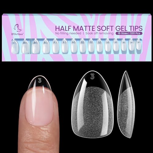BTArtbox Short Almond Nail Tips 320pcs Preshape Half Matte Soft Gel Tips Clear Ultra Fit Natural Acrylic Fake Nails for Full Cover Nail Extension 16 Sizes - Image 1