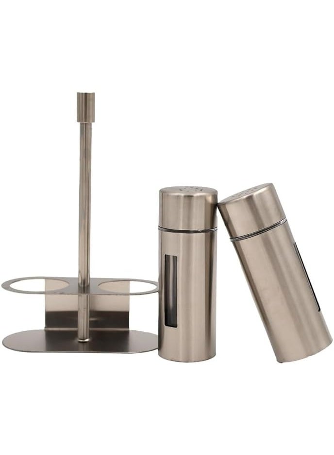IDEAL PACK Premium Stainless Steel Salt & Pepper Shaker Set with Modern Holder Stand – Adjustable Seasoning Dispenser with Clear Window – Durable Spice Container for Kitchen, Dining Table, Hotels, & Restaurants