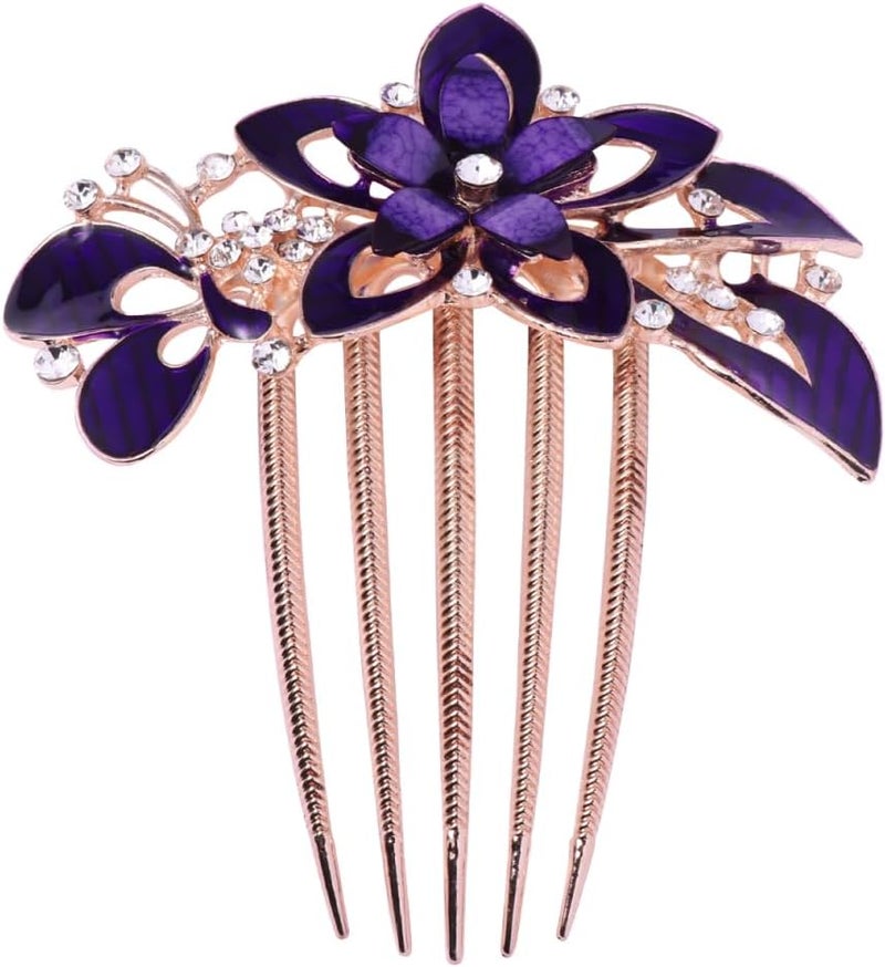 minkissy Purple Bridal Hair Comb with Flower Design Rhinestone Side Comb for Wedding Party Hair Styling Accessories
