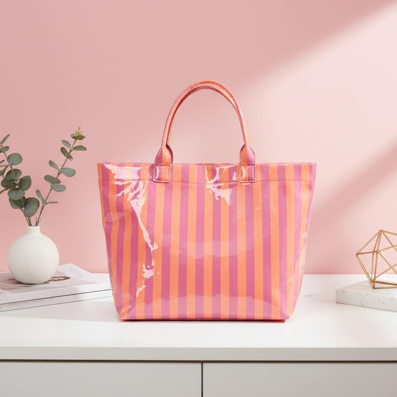 Lushandy Striped PVC Tote Bag for Women, Waterproof Plastic Tote Bag for Beach Pool Large Top Handle Travel Hobo Handbag - Image 3