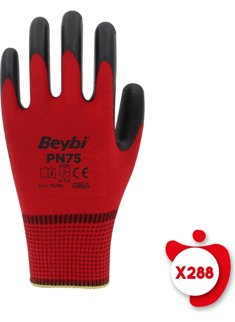Beybi PN75 Red-Black Poly. Knitted Nitrile Work Gloves Size 10 288 Pairs 