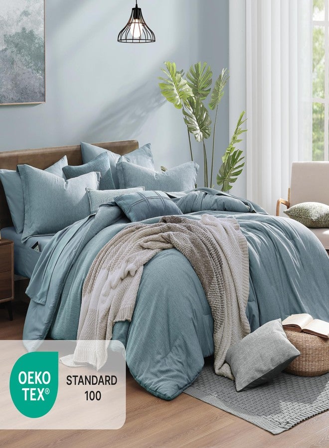 Monbix Queen Comforter Set - 7 Pieces Dusty Blue Cationic Dyeing Bed in a Bag Queen Bedding Sets with Sheets, Pillowcases & Shams, Reversible Bedding Comforters - Image 2