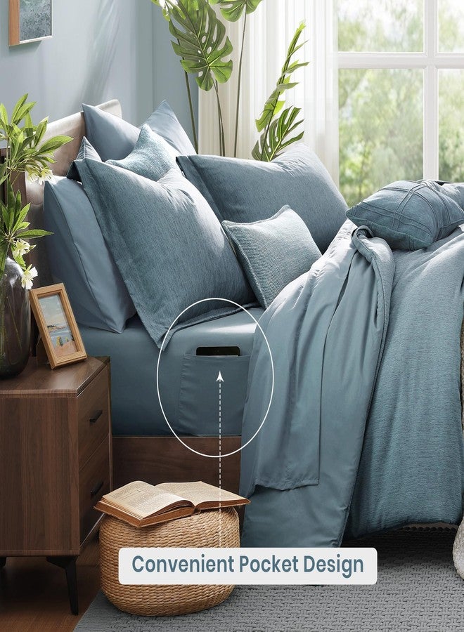 Monbix Queen Comforter Set - 7 Pieces Dusty Blue Cationic Dyeing Bed in a Bag Queen Bedding Sets with Sheets, Pillowcases & Shams, Reversible Bedding Comforters - Image 4