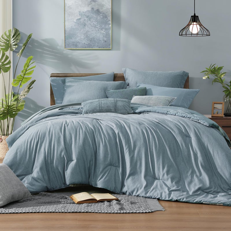 Monbix Queen Comforter Set - 7 Pieces Dusty Blue Cationic Dyeing Bed in a Bag Queen Bedding Sets with Sheets, Pillowcases & Shams, Reversible Bedding Comforters - Image 1