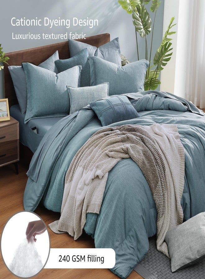 Monbix Queen Comforter Set - 7 Pieces Dusty Blue Cationic Dyeing Bed in a Bag Queen Bedding Sets with Sheets, Pillowcases & Shams, Reversible Bedding Comforters - Image 3