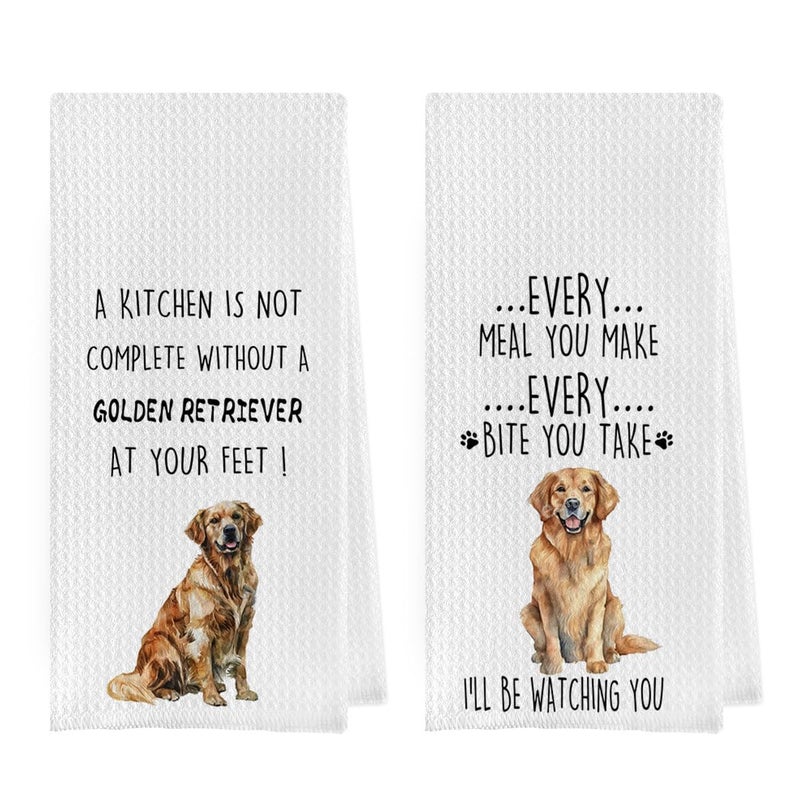 Geqtt Golden Retriever Dish Towels Set - Waffle Weave Kitchen Hand Tea Towels for Bathroom  Decorative Gifts (1624 Inches  Set of 2) - Image 1