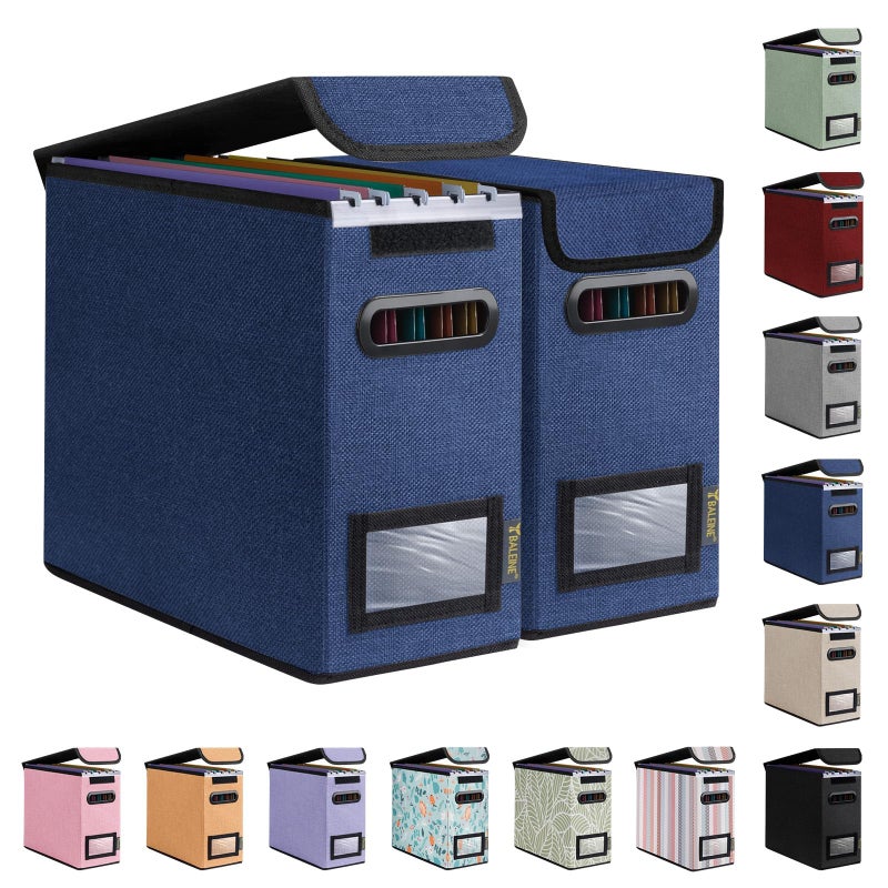 BALEINE File Organizer Box with Lid, Collapsible File Folder Organizer with Plastic Slide, Hanging File Folder Box for Office Document Storage (2 Pack, Blue, S) - Image 1