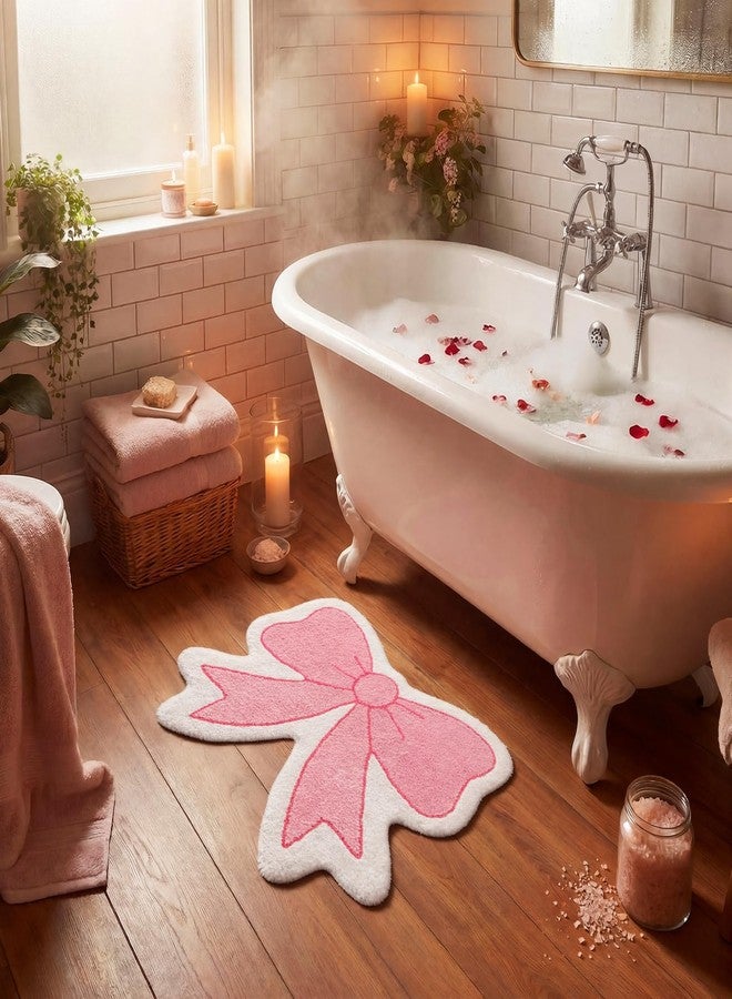 Maasechs Pink Bow Bathroom Rug Non Slip Cute Bow Shaped Bath Mats 20 x 28 Inch Soft Cozy Preppy Coquette Rug Plush Flocked Bath Mat Pink Bathroom Decor Gifts for Mothers Day Mom Home Rome Bedroom - Image 4