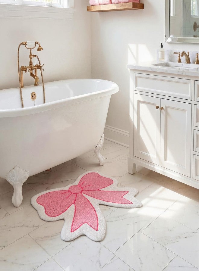 Maasechs Pink Bow Bathroom Rug Non Slip Cute Bow Shaped Bath Mats 20 x 28 Inch Soft Cozy Preppy Coquette Rug Plush Flocked Bath Mat Pink Bathroom Decor Gifts for Mothers Day Mom Home Rome Bedroom - Image 2