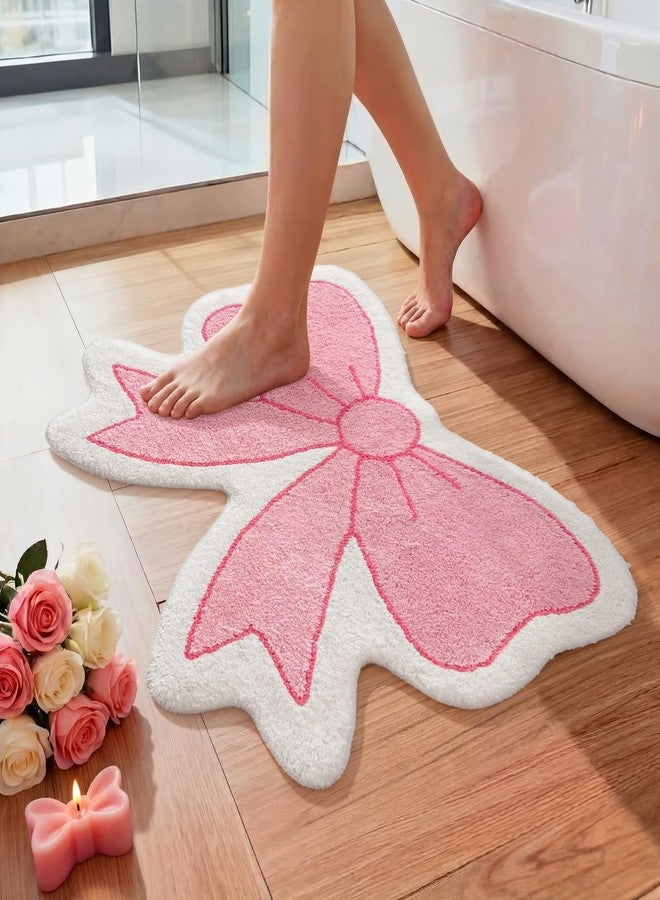 Maasechs Pink Bow Bathroom Rug Non Slip Cute Bow Shaped Bath Mats 20 x 28 Inch Soft Cozy Preppy Coquette Rug Plush Flocked Bath Mat Pink Bathroom Decor Gifts for Mothers Day Mom Home Rome Bedroom - Image 1