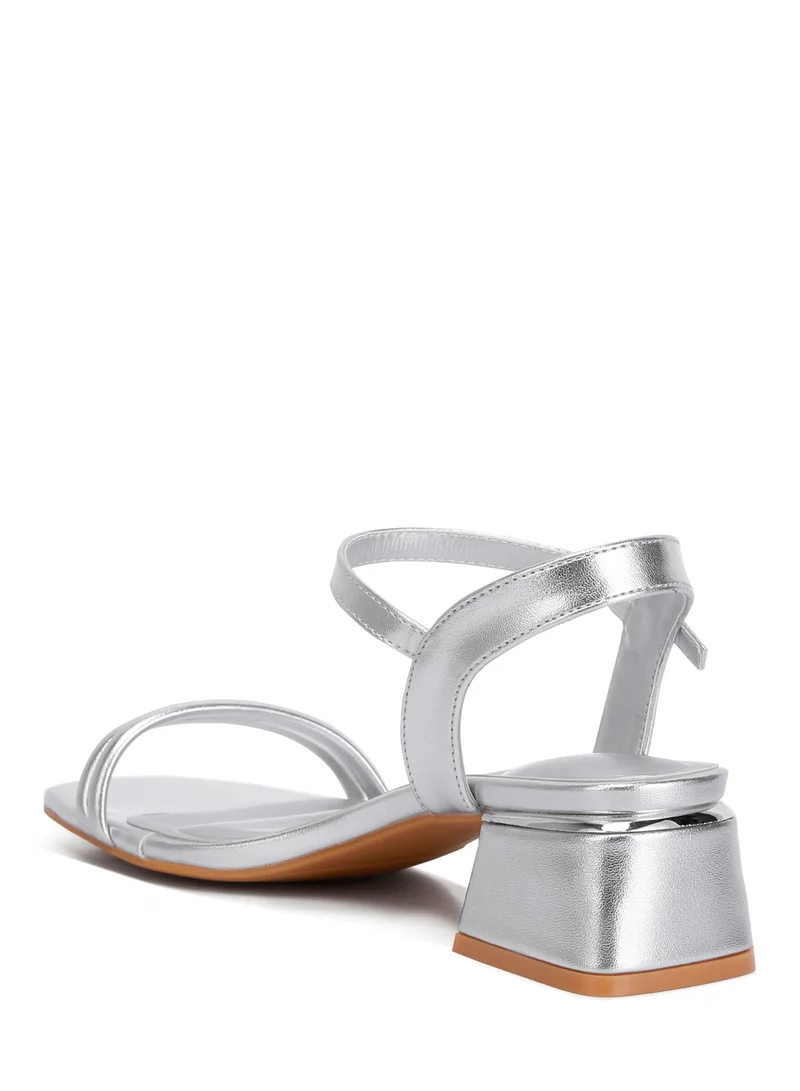 London Rag Metallic Ankle Strap Low Block Heels in Silver