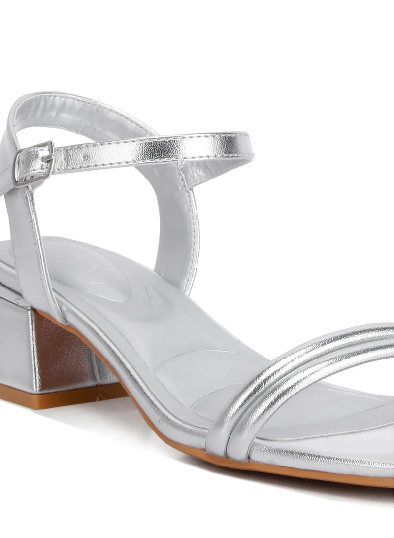 London Rag Metallic Ankle Strap Low Block Heels in Silver