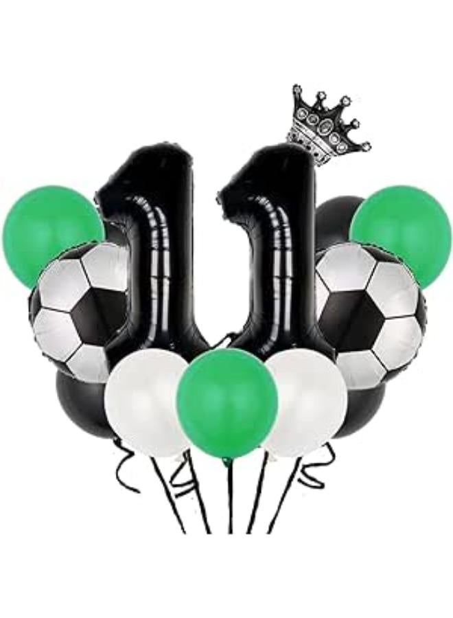 Soccer Balloons Set 11th Birthday Decoration,14 Piece Soccer Themed balloons ,Number 11 number Foil Balloon Football Mini Crown Black Latex Balloons