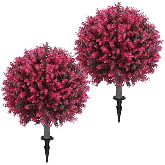 Jasmpig Artificial Red Eucalyptus Topiary Ball Tree 24" with Ground Spike, Set of 2 Artificial Boxwood Bushes for Faux Shrubs, Fake Evergreen Faux Plant for Indoor Outdoor GardenUV ResistantFade-Proof - Image 1