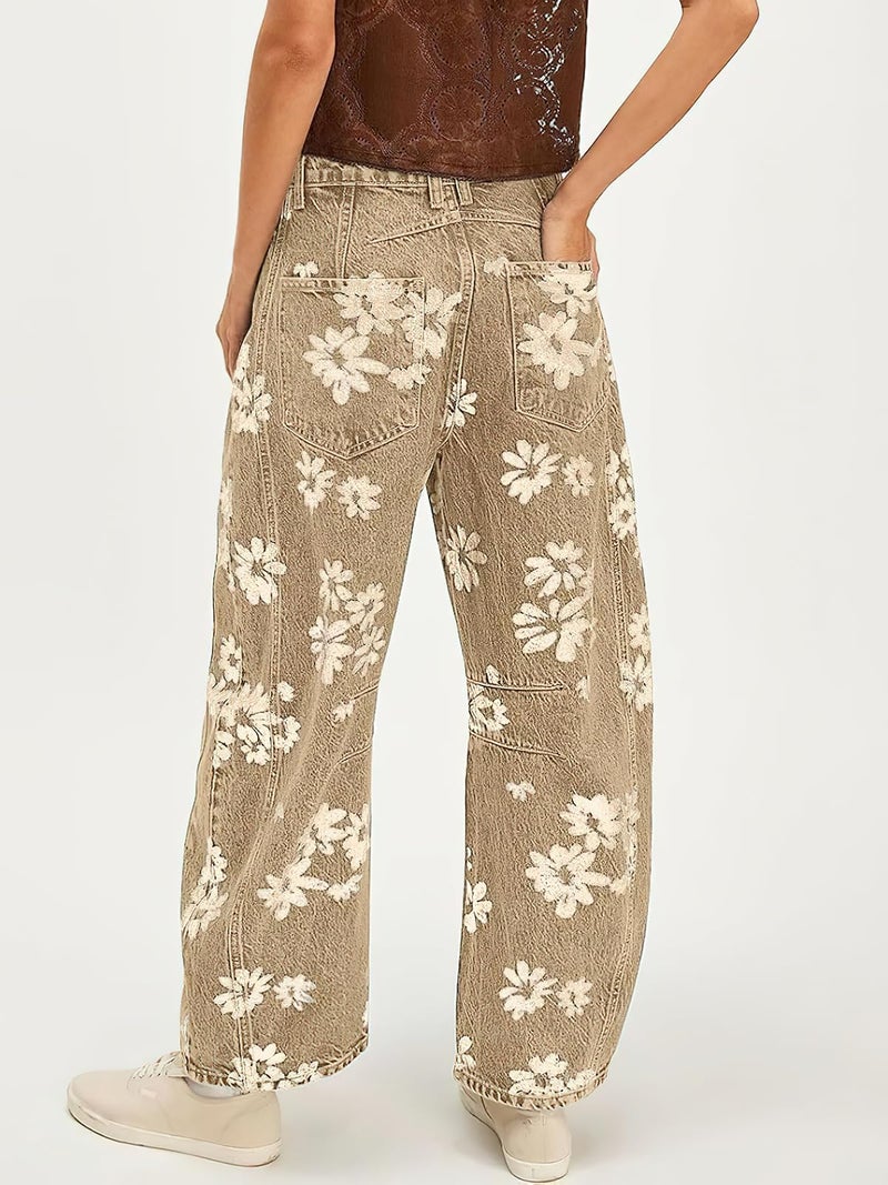 ebossy Women's Retro Floral Print Barrel Jeans Mid Rise Wide Leg Baggy Boyfriend Horseshoe Denim Pants (XL, Khaki) - Image 2