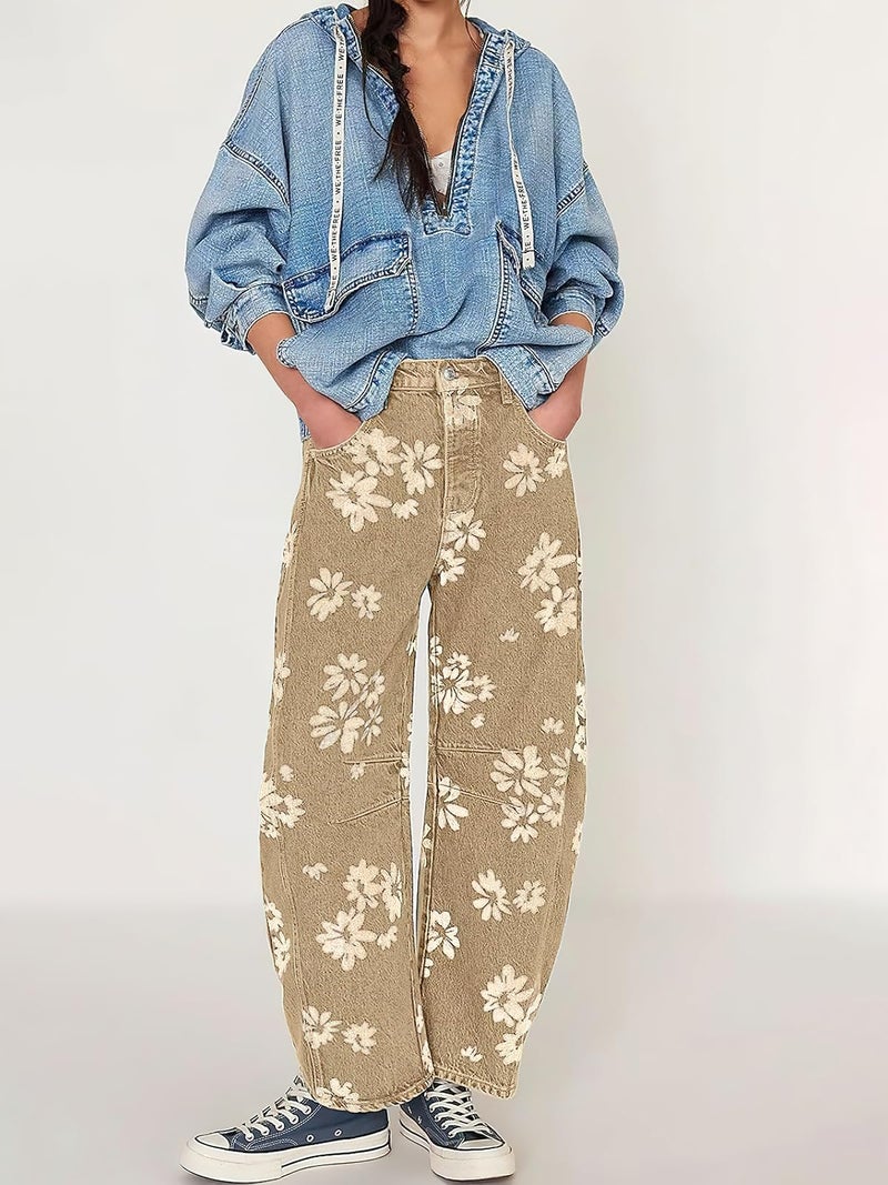 ebossy Women's Retro Floral Print Barrel Jeans Mid Rise Wide Leg Baggy Boyfriend Horseshoe Denim Pants (XL, Khaki) - Image 4
