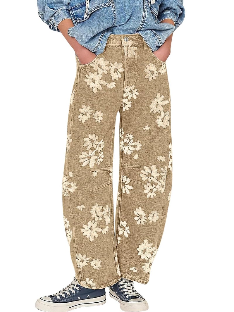 ebossy Women's Retro Floral Print Barrel Jeans Mid Rise Wide Leg Baggy Boyfriend Horseshoe Denim Pants (XL, Khaki) - Image 1