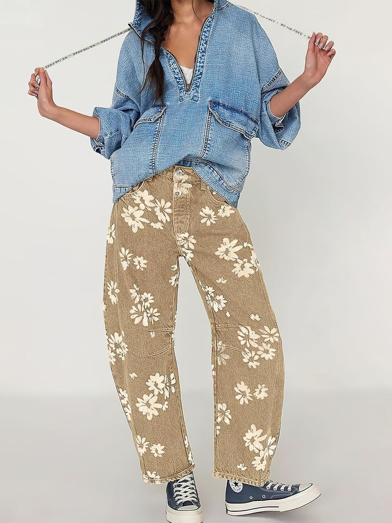 ebossy Women's Retro Floral Print Barrel Jeans Mid Rise Wide Leg Baggy Boyfriend Horseshoe Denim Pants (XL, Khaki) - Image 3