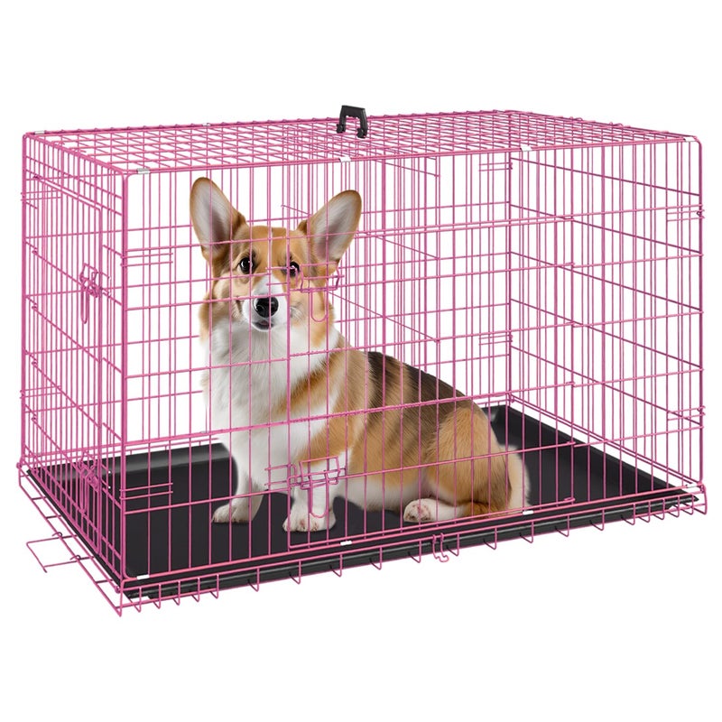 FDW Dog Crate for Medium Dogs 30 Inch Folding Metal WirePet Cage Double Door W/Divider Panel Indoor Outdoor Kennel Leak-Proof Plastic Tray,Pink - Image 1