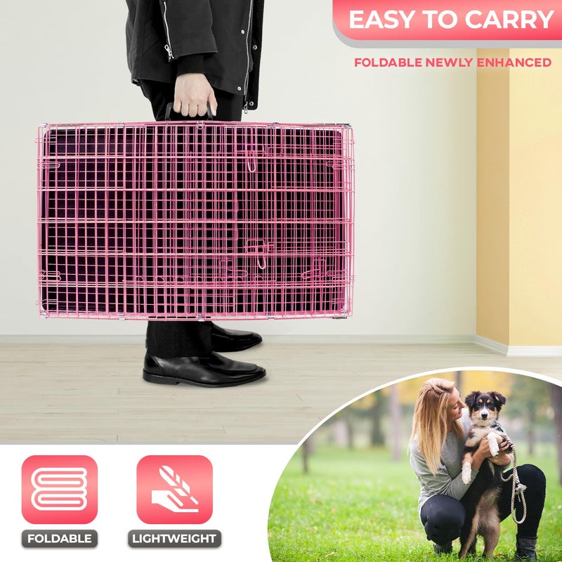 FDW Dog Crate for Medium Dogs 30 Inch Folding Metal WirePet Cage Double Door W/Divider Panel Indoor Outdoor Kennel Leak-Proof Plastic Tray,Pink - Image 5