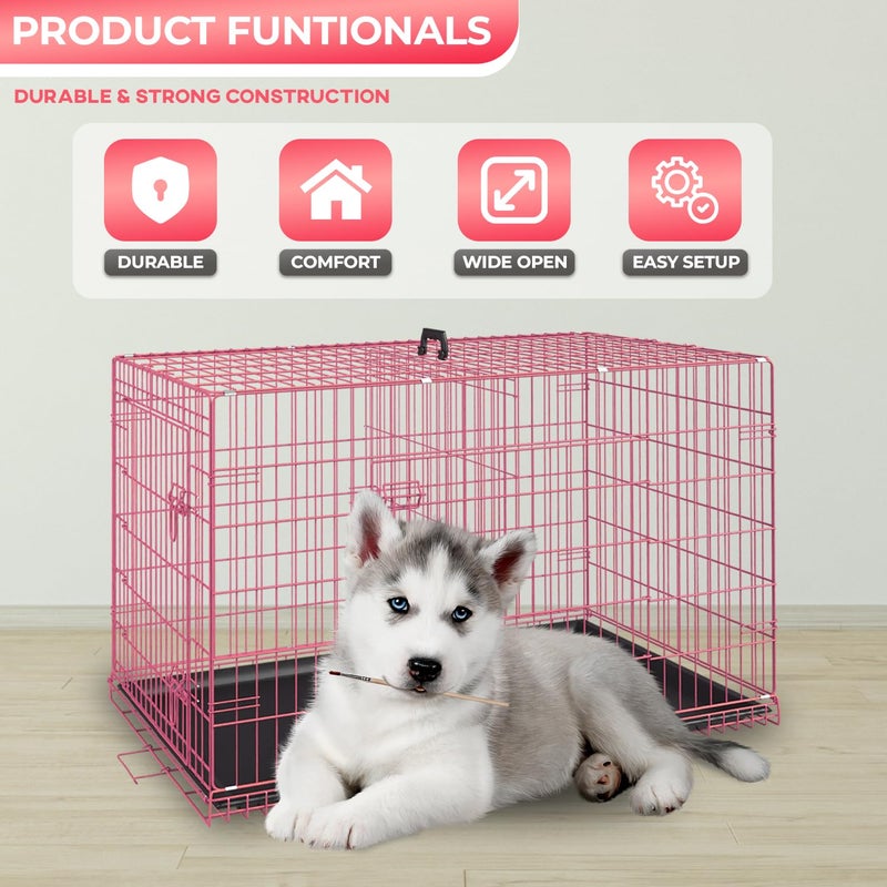 FDW Dog Crate for Medium Dogs 30 Inch Folding Metal WirePet Cage Double Door W/Divider Panel Indoor Outdoor Kennel Leak-Proof Plastic Tray,Pink - Image 2