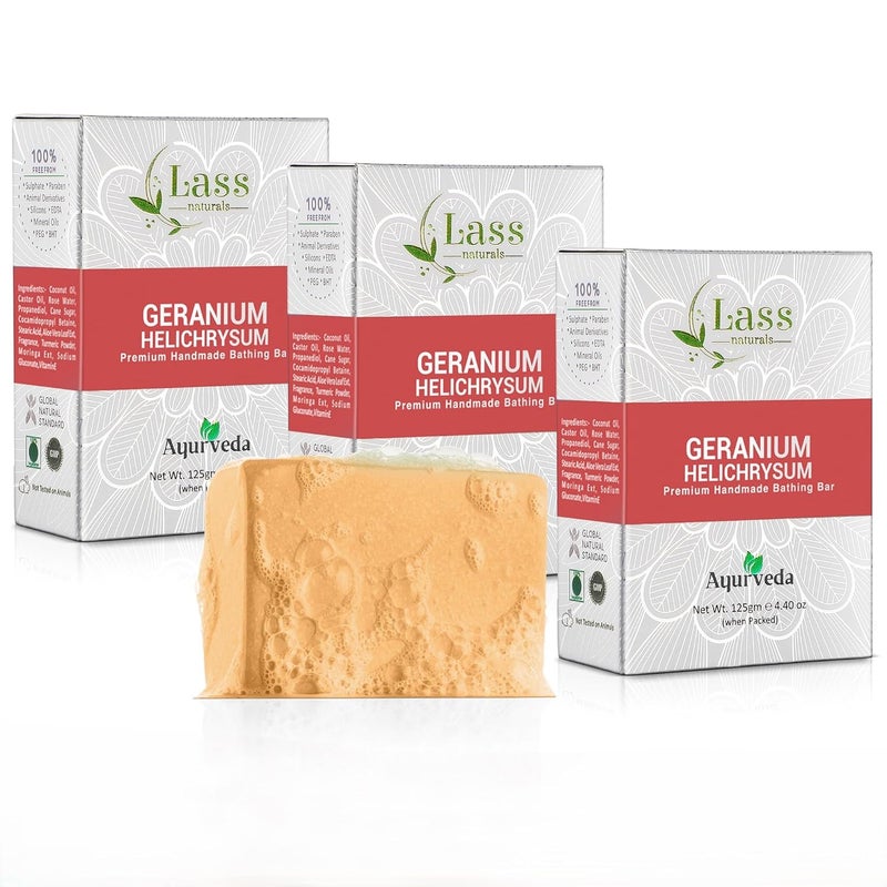 Lass Natural Geranium Helichrysum Handmade Bathing Bar Premium Pure Refreshing Aroma Ideal for Skin Cleansing Glowing and Nourishing 125gm X 3