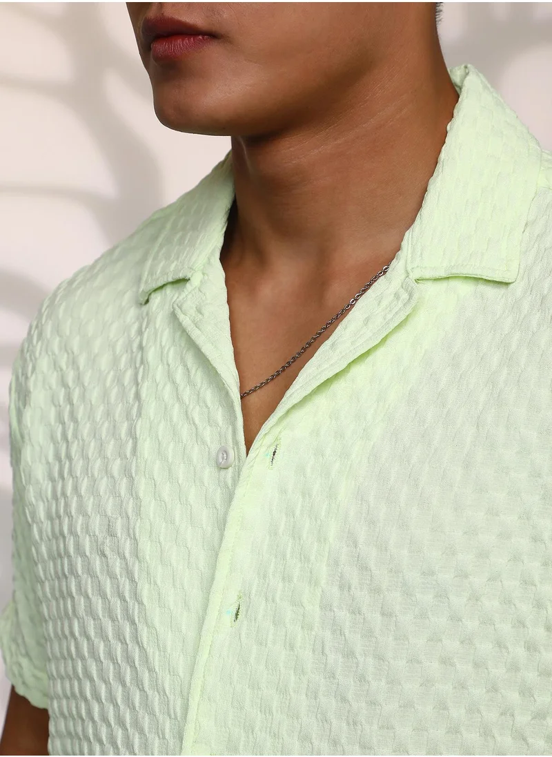 Campus Sutra Men's Lime Green  Cubic-Textured Resort Shirt