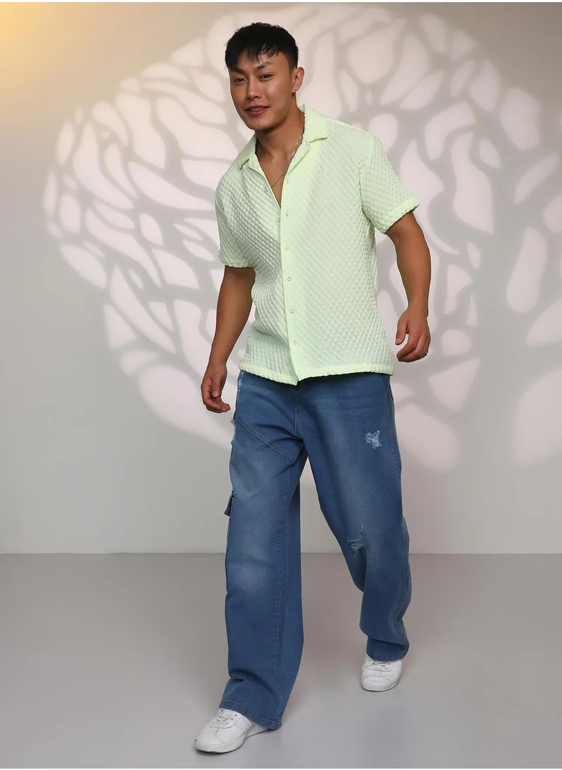 Campus Sutra Men's Lime Green  Cubic-Textured Resort Shirt