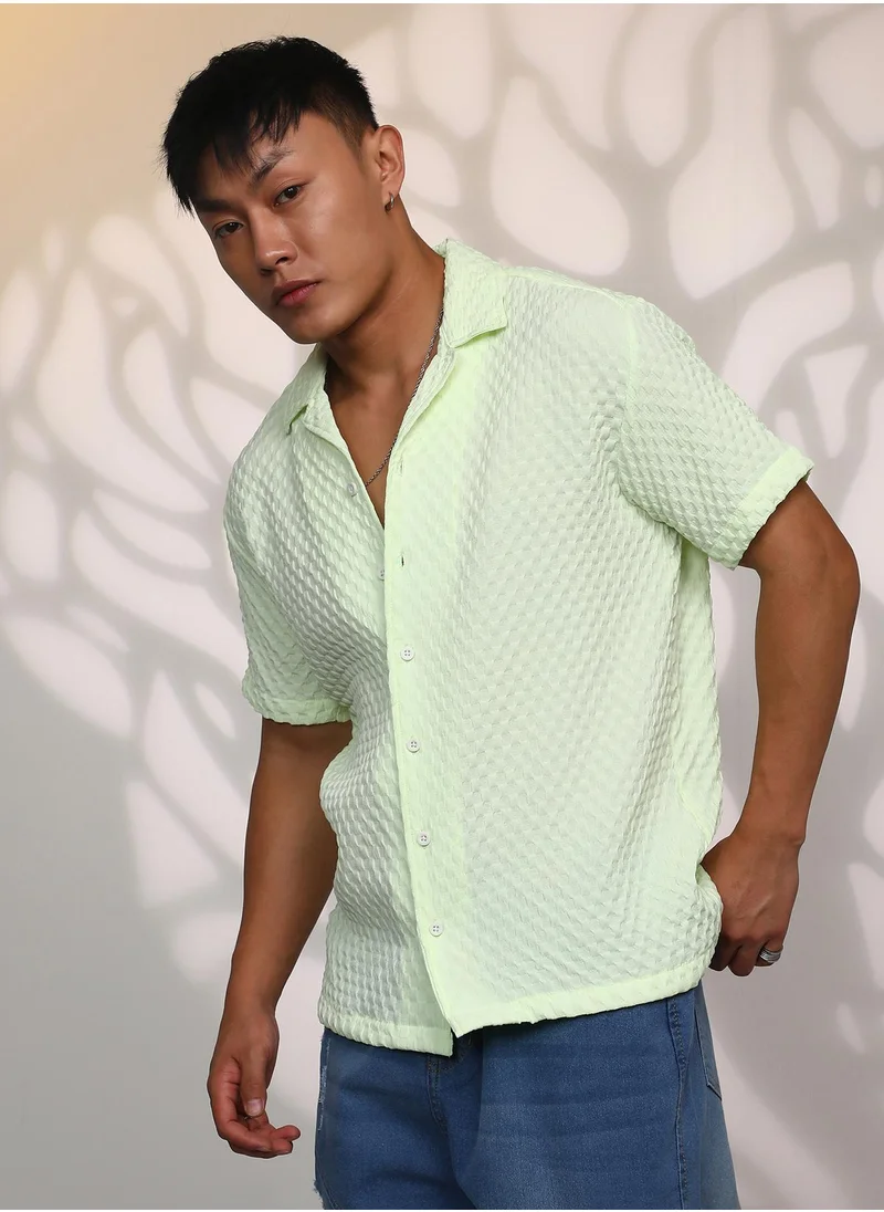 Campus Sutra Men's Lime Green  Cubic-Textured Resort Shirt