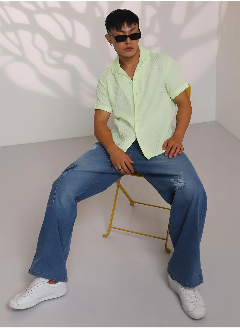 Campus Sutra Men's Lime Green  Cubic-Textured Resort Shirt