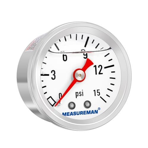 MEASUREMAN 1-1/2" Dial Size, Glycerin Filled Fuel Pressure Gauge, 304 Stainless Steel case, 0-15Psi, 3-2-3%, 1/8" NPT Back Mount - Image 1