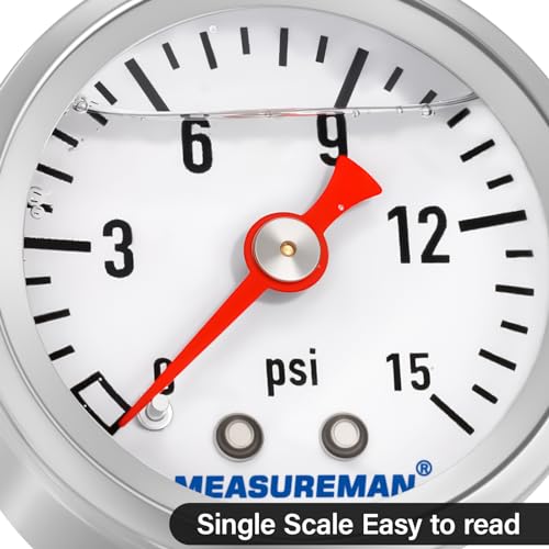 MEASUREMAN 1-1/2" Dial Size, Glycerin Filled Fuel Pressure Gauge, 304 Stainless Steel case, 0-15Psi, 3-2-3%, 1/8" NPT Back Mount - Image 3