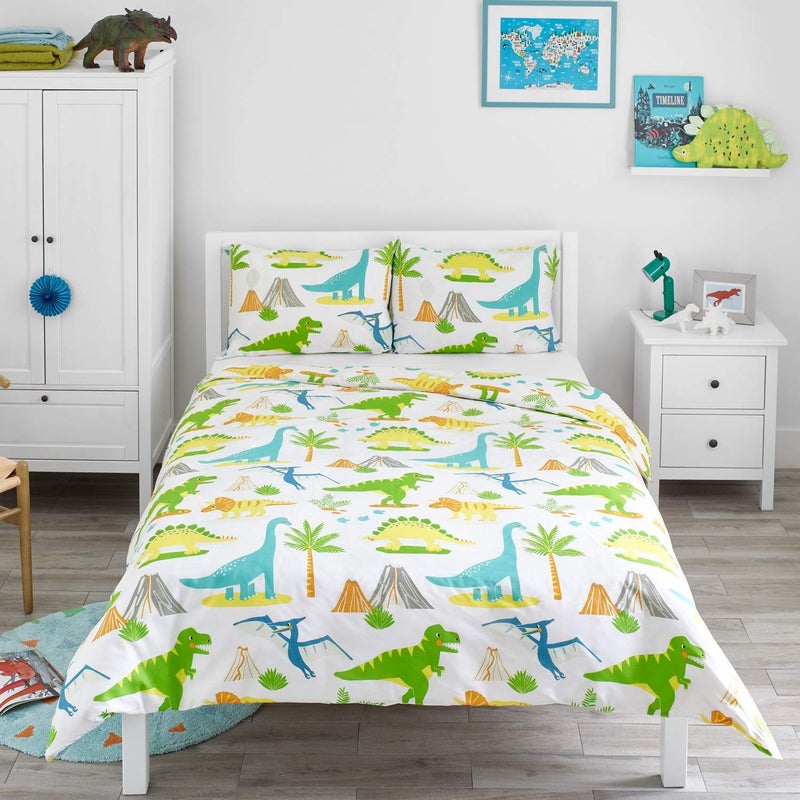 Bloomsbury Mill  Kids Double Duvet Set  Kids Double Bedding for Boys and Girls  Dinosaur World  Childrens Double Bed Duvet Cover Set with 2 x Pillow Case  200x200cm