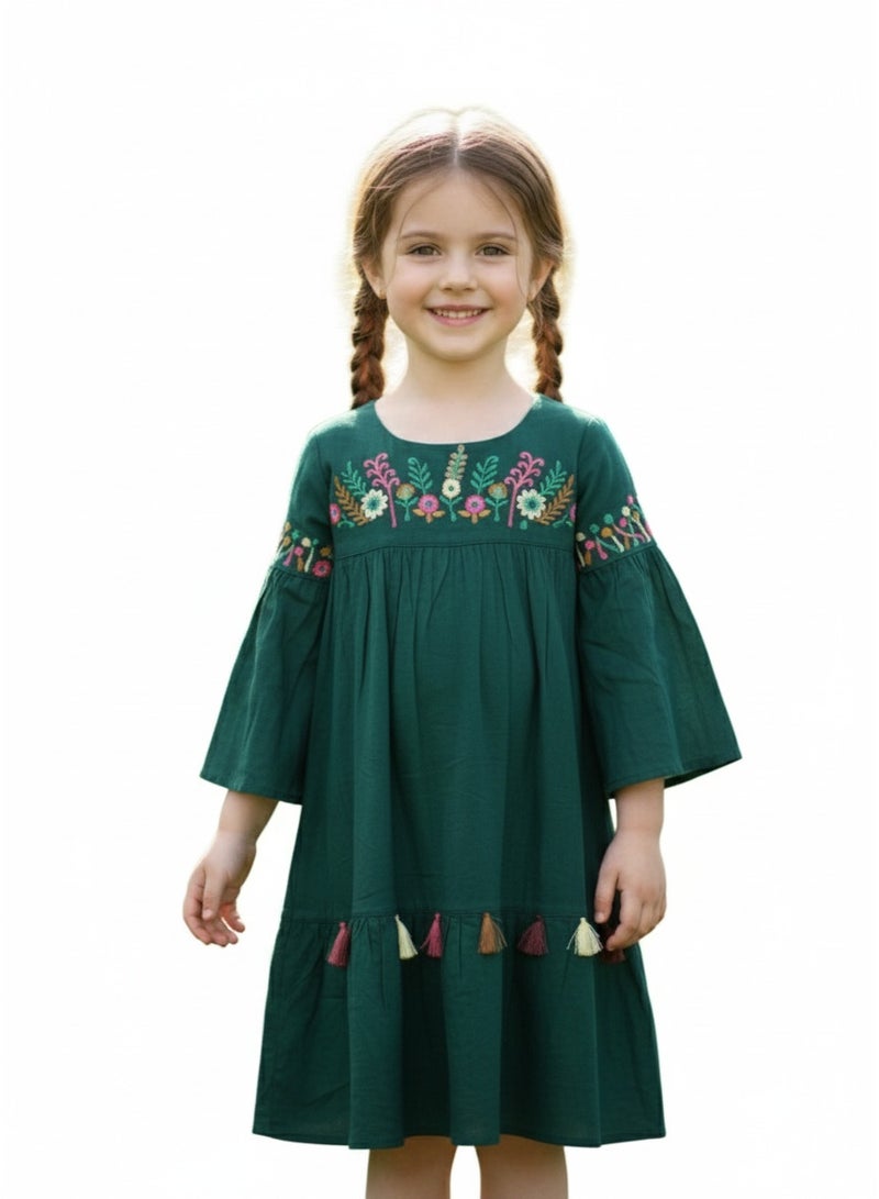 HANA & SARA COLOURFULL THREAD EMBROIDERY GREEN COLOURS KIDS ARABIC KAFTAN JALABIYA DRESS - Image 1