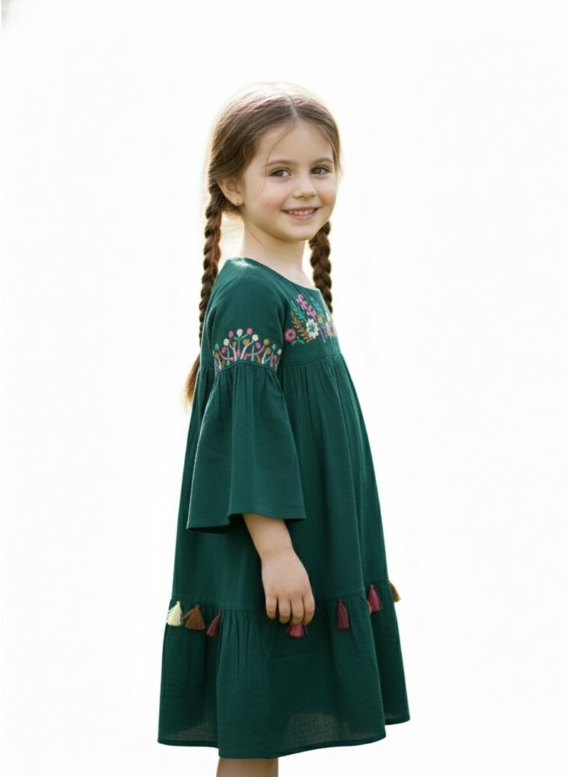 HANA & SARA COLOURFULL THREAD EMBROIDERY GREEN COLOURS KIDS ARABIC KAFTAN JALABIYA DRESS - Image 4