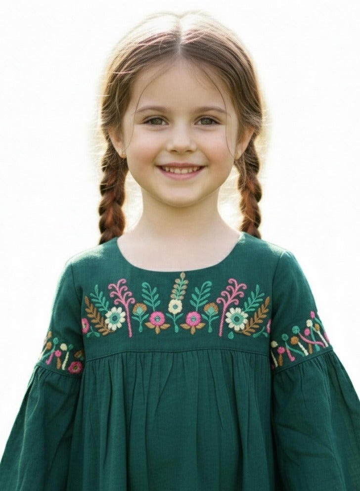HANA & SARA COLOURFULL THREAD EMBROIDERY GREEN COLOURS KIDS ARABIC KAFTAN JALABIYA DRESS - Image 3