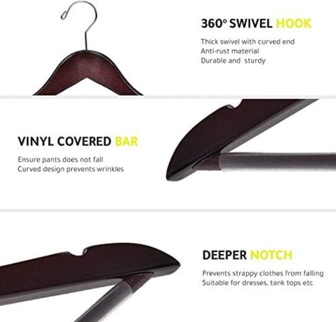 Quality Hangers شماعات خشبية عالية الجودة - طقم شماعات مقوسة قليلاً - شماعات معاطف من الخشب الصلب بخطافات كرومية أنيقة - شماعات متينة للملابس، والسترات، والقمصان، والسراويل، والبدلات (لون طبيعي، 10 قطع) - Image 4