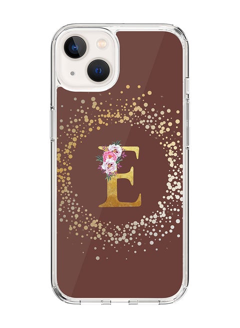 Classic Clear Case For iPhone 14, Hybrid Soft Case Flexible Edges Thin Cover- Custom Monogram Initial Letter Floral Pattern Alphabet - E (Brown)