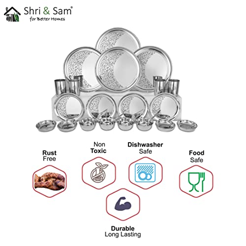 Shri & Sam Designer Stainless Steel Floral Shagun Laser Bloom Dinner Set, 24 Pieces - Image 5