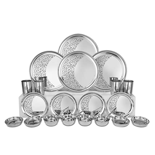 Shri & Sam Designer Stainless Steel Floral Shagun Laser Bloom Dinner Set, 24 Pieces - Image 1