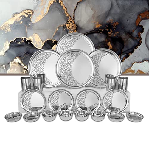 Shri & Sam Designer Stainless Steel Floral Shagun Laser Bloom Dinner Set, 24 Pieces - Image 4