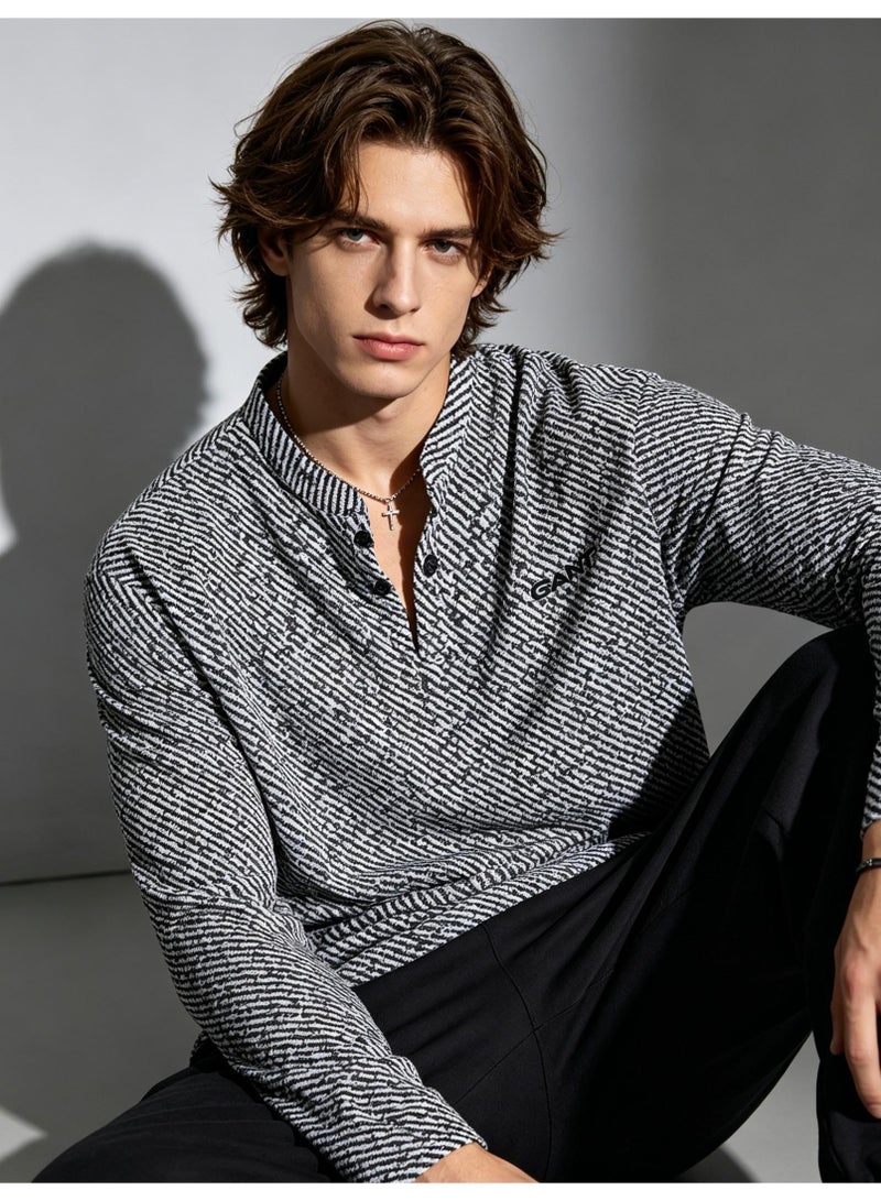 GANT Long Sleeve Henley Shirt for Men and Women, White Grey Striped, Casual Stand Collar Top - Image 2