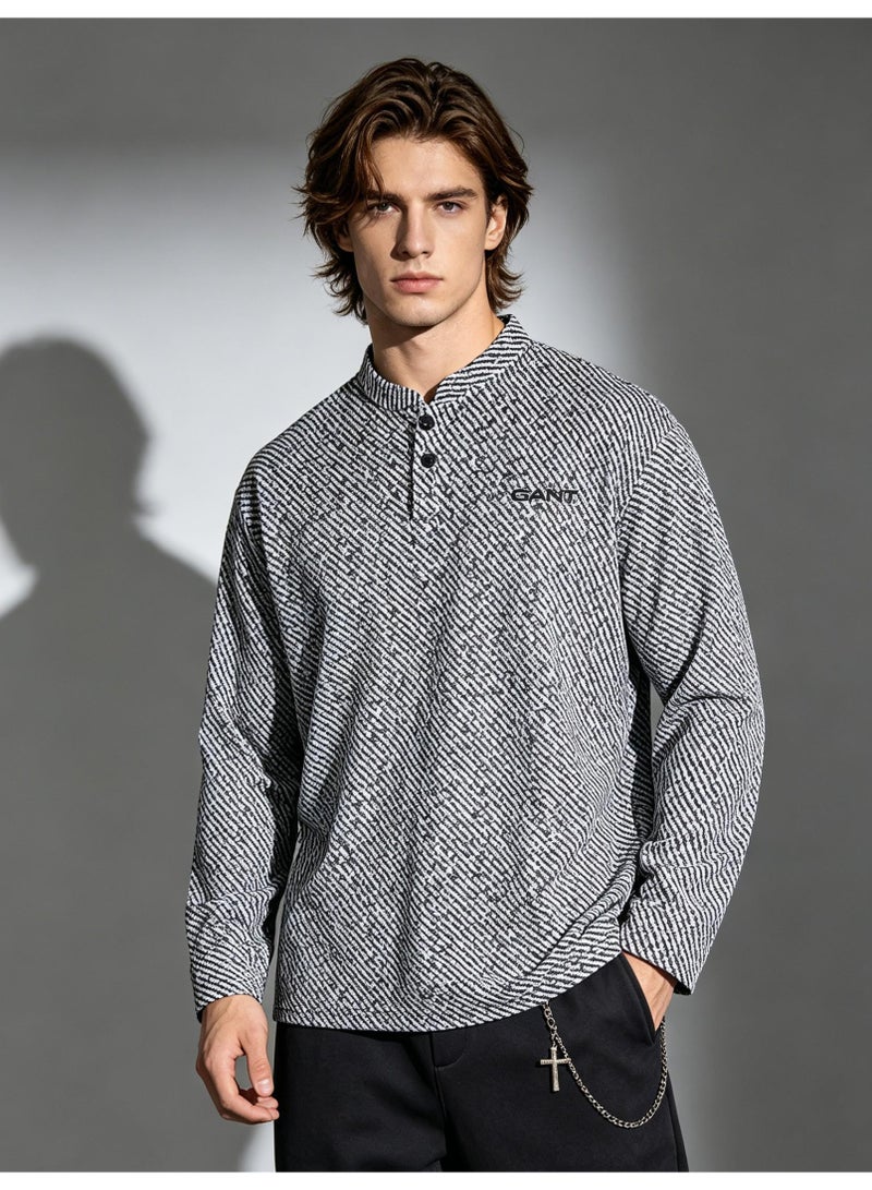 GANT Long Sleeve Henley Shirt for Men and Women, White Grey Striped, Casual Stand Collar Top - Image 1