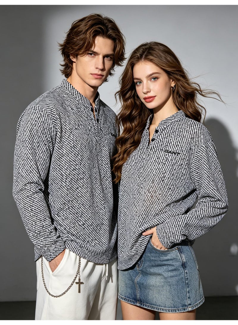 GANT Long Sleeve Henley Shirt for Men and Women, White Grey Striped, Casual Stand Collar Top - Image 3
