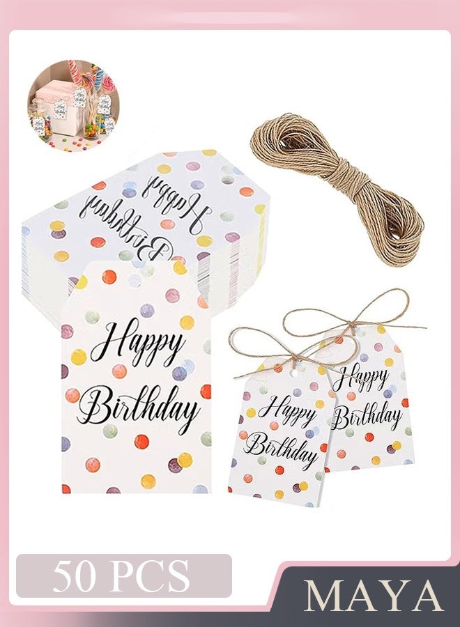 مايا بطاقات هدايا عيد ميلاد سعيد، 50 قطعة من بطاقات هدايا ورقية منقطة ملونة، ملصقات هدايا لتزيين حفلات أعياد الميلاد - Image 1
