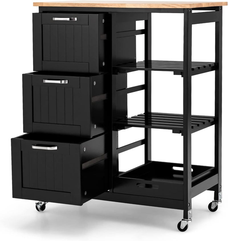 Goplus Kitchen Trolley with Storage Space, Serving Trolley on Wheels with 3 Deep Drawers, Open Shelves & Removable Tray, Rolling Cart for Kitchen, Dining Room, Bar, Restaurant (Black) - Image 1